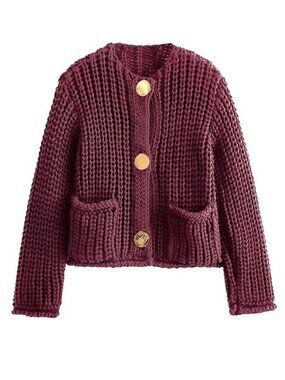 FindThy Burgundy Cropped Chunky Knit Button Front Cardigan Casual Sweater